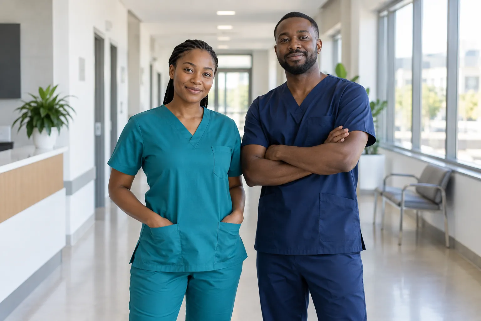 Healthcare professionals in teal and navy scrubs in a bright clinic corridor